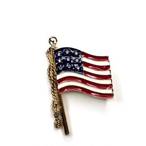 Vintage St. John American Flag Gold Tone Enamel Rhinestone Stars & Stripe Brooch